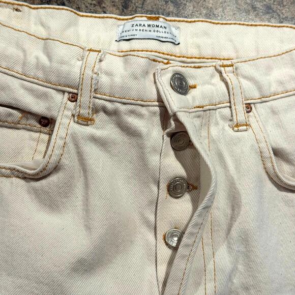Zara Jeans Flare Minimalist Retro Utility Crop Casual Button Fly Raw Hem Ivory 4 - Picture 3 of 4